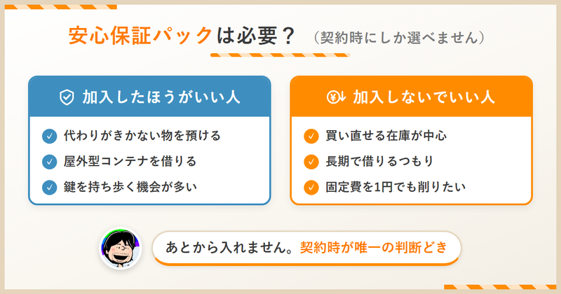 ハローストレージの安心保証パックに加入したほうがいい人と加入しないでいい人の比較。契約時のみ加入可能